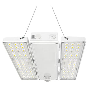 White linear LED high bay light with dual side panels and hanging cables, shown against a white background