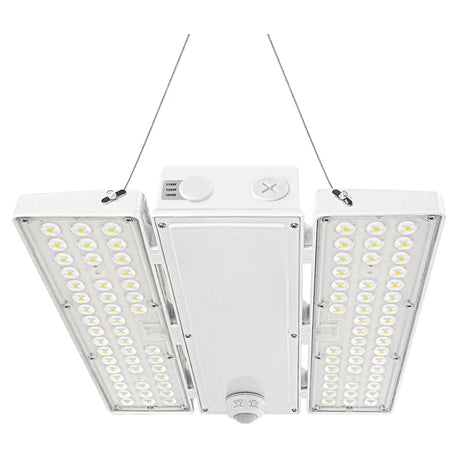 White linear LED high bay light with dual side panels and hanging cables, shown against a white background