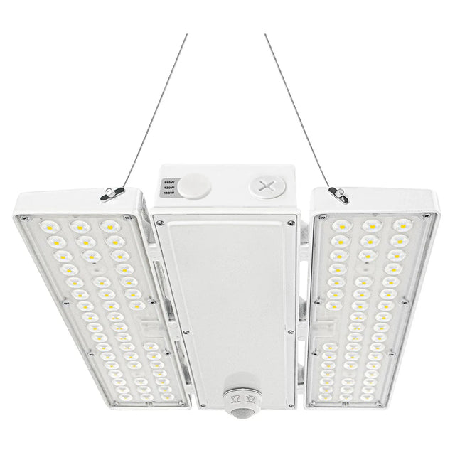 White linear LED high bay light with dual side panels and hanging cables, shown against a white background