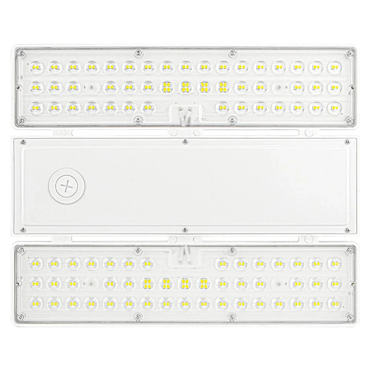 White linear LED high bay light with selectable wattage and CCT, shown front and back panels