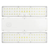 White linear LED high bay light with selectable wattage and CCT, shown front and back panels