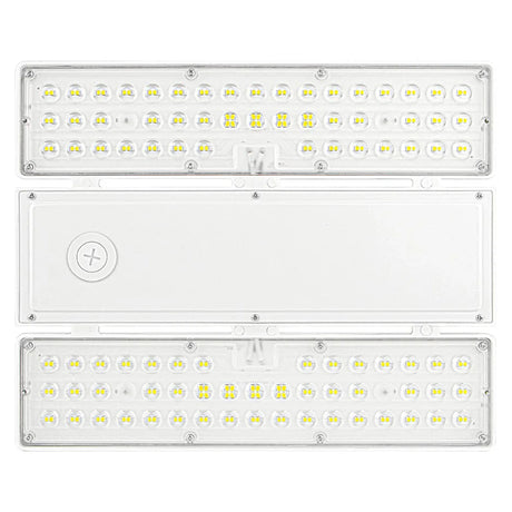 White linear LED high bay light with selectable wattage and CCT, shown front and back panels