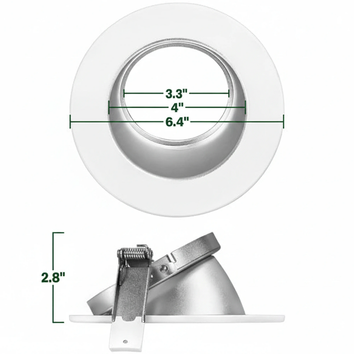 White round LED wall wash downlight trim with silver reflector and 4-inch opening measurements