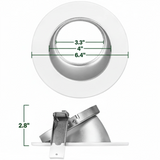 White round LED wall wash downlight trim with silver reflector and 4-inch opening measurements