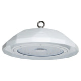 White UFO LED high bay light with glass lens and hanging ring, shown from below on a white background
