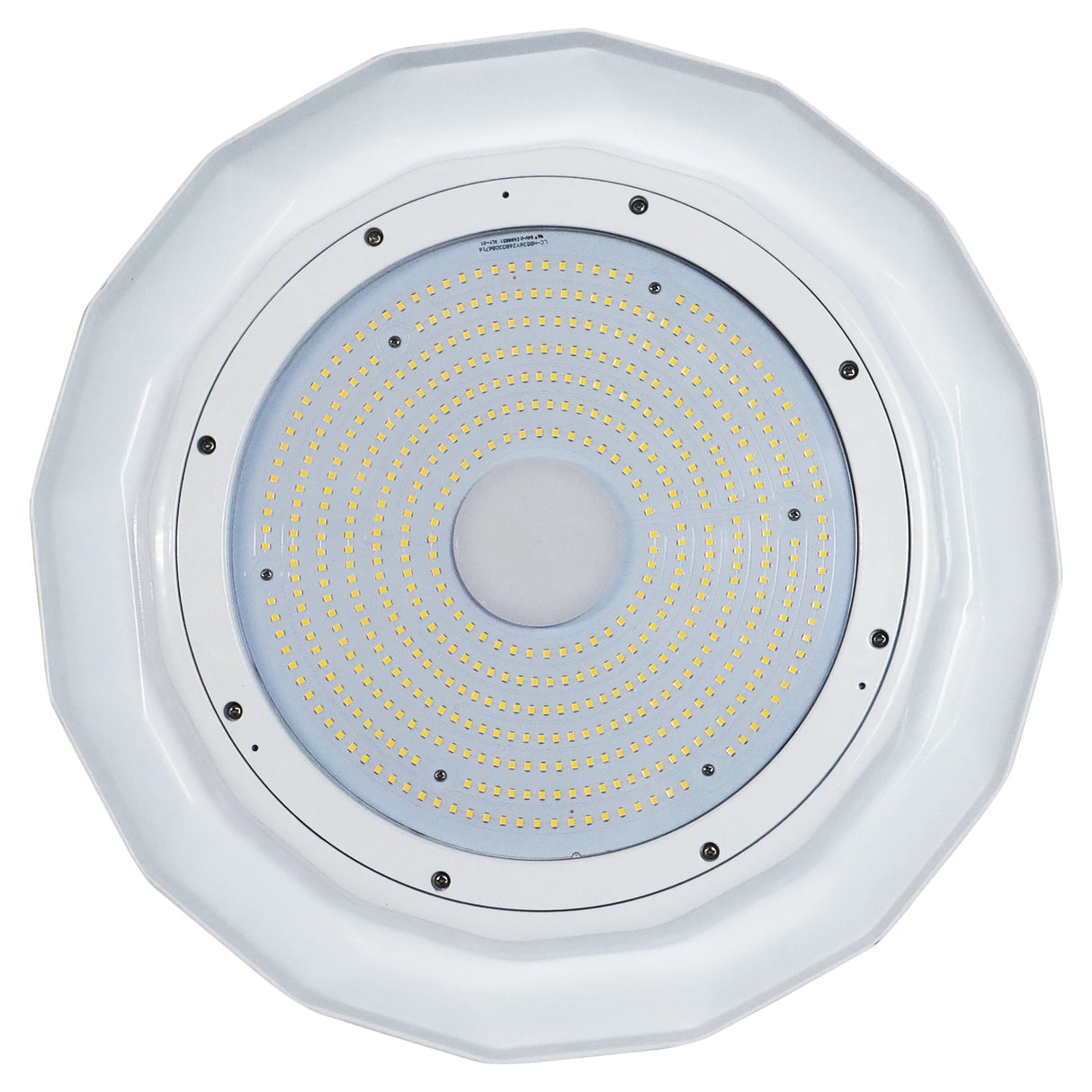 White UFO LED high bay light with glass lens and concentric LED rings for industrial lighting