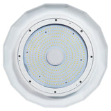 White UFO LED high bay light with circular glass lens and concentric LED array for industrial lighting