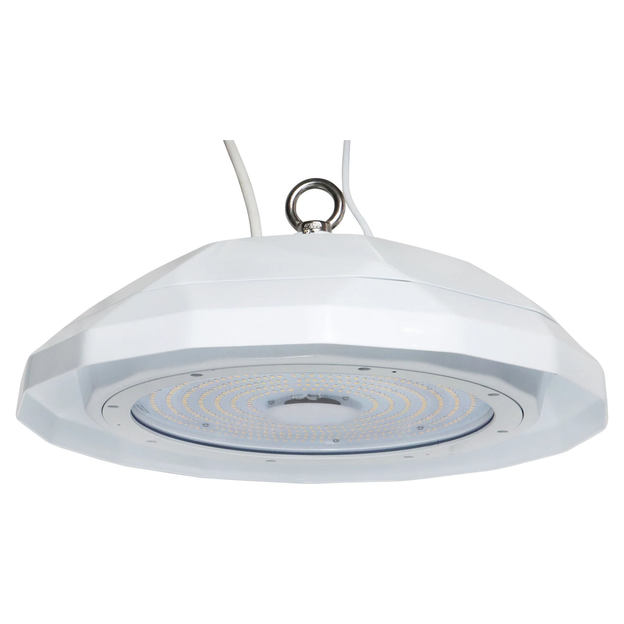 White UFO LED high bay light with glass lens and hanging ring mount, shown from below on a white background