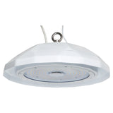 White UFO LED high bay light with glass lens and hanging ring mount, shown from below on a white background