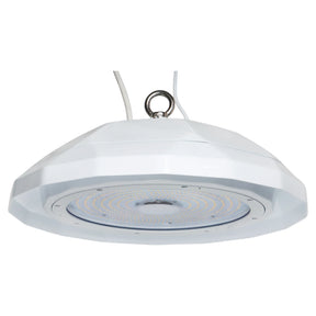 White UFO LED high bay light with glass lens and hanging ring mount, shown from below on a white background