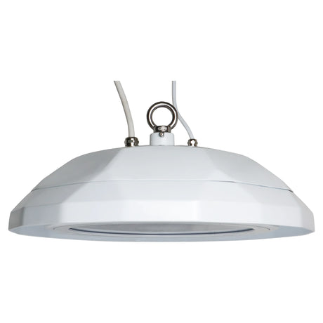 White UFO LED high bay light with glass lens, hanging ring, and attached power cables