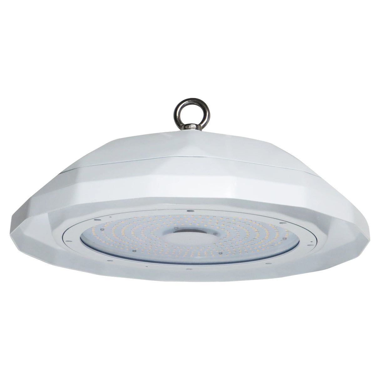 White UFO LED high bay light with glass lens and hanging ring mount, shown from below on a white background
