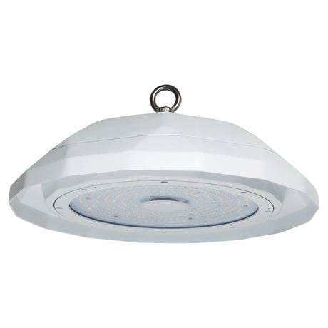 White UFO LED high bay light with glass lens and hanging ring mount, shown from below on a white background