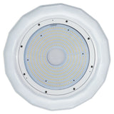 White UFO LED high bay light with glass lens and circular LED array, shown from below