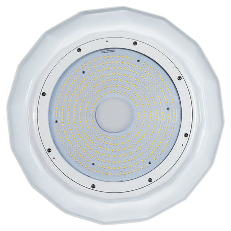 White UFO LED high bay light with glass lens and circular LED array, shown from below