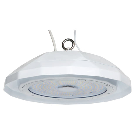 white UFO LED high bay light with glass lens and hanging ring mount