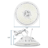 White UFO LED high bay light with integrated cable and shown dimensions for warehouse lighting