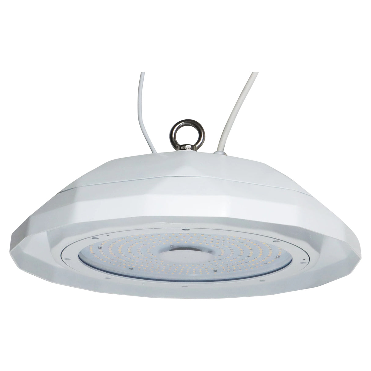 white UFO LED high bay light with glass lens and hanging loop, shown from below on a white background