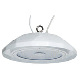 white UFO LED high bay light with glass lens and hanging loop, shown from below on a white background