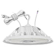 White UFO LED high bay light with power cord, hook mount, and visible LED lens for warehouse lighting