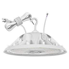 White UFO LED high bay light with power cord, hook mount, and visible LED lens for warehouse lighting
