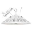 white UFO LED high bay light with attached power cord and hanging hook accessory