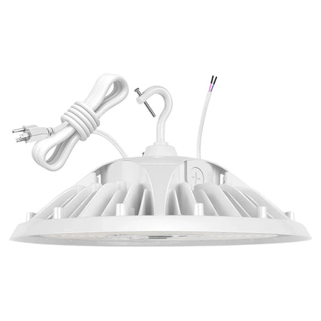 white UFO LED high bay light with attached power cord and hanging hook accessory