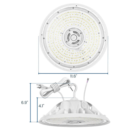 White UFO LED high bay light shown with coiled power cord and compact round housing dimensions
