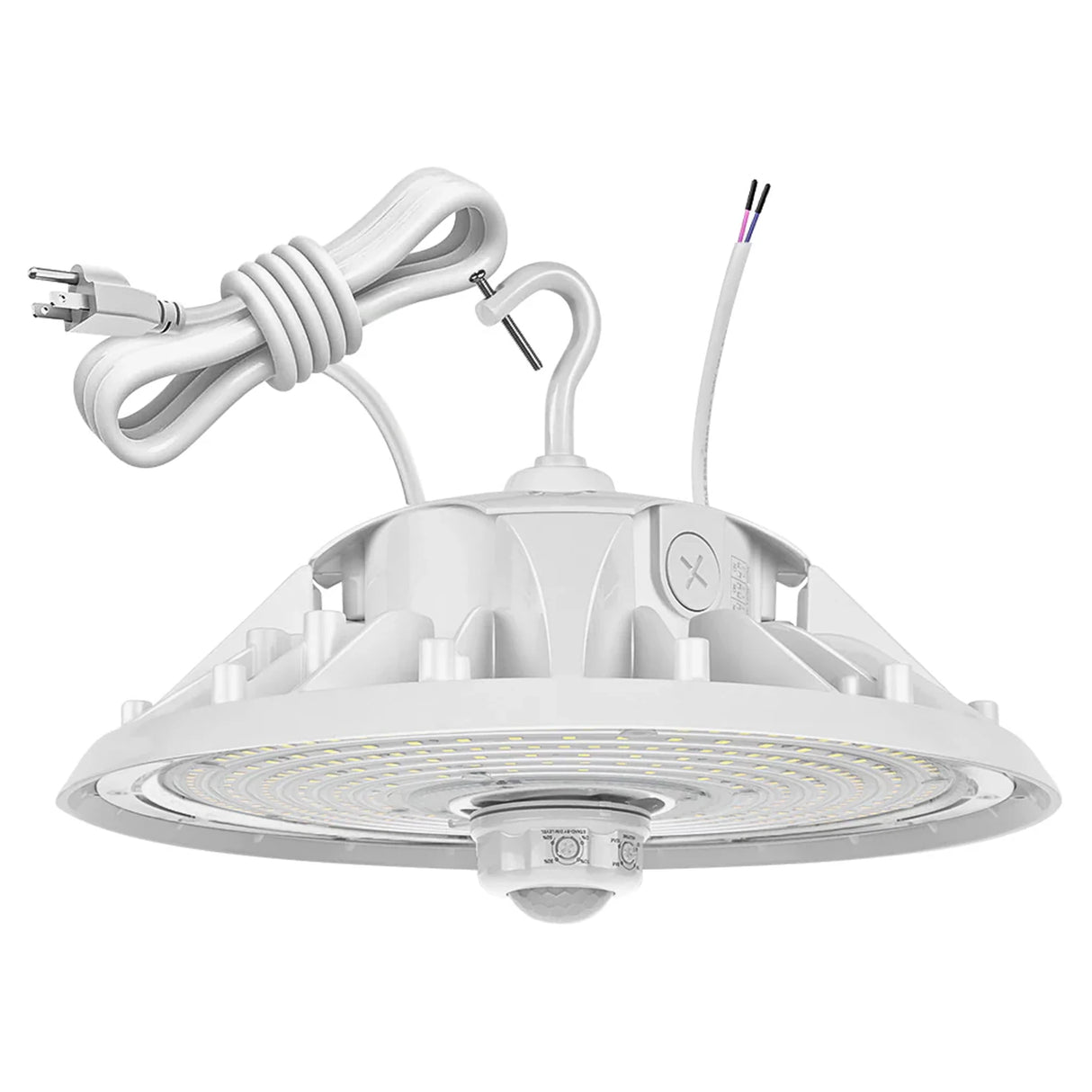 White UFO LED high bay light with attached power cord, hanging hook, and motion sensor for commercial lighting