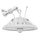 White UFO LED high bay light with attached power cord, hanging hook, and motion sensor for commercial lighting