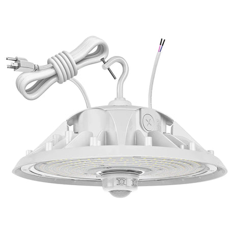 White UFO LED high bay light with attached power cord, hanging hook, and motion sensor for commercial lighting